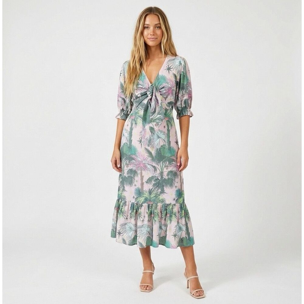 Lobo Rosa Palm Print Tie Front Cutout Midi Dress Small Tropical Resort Pink Boho